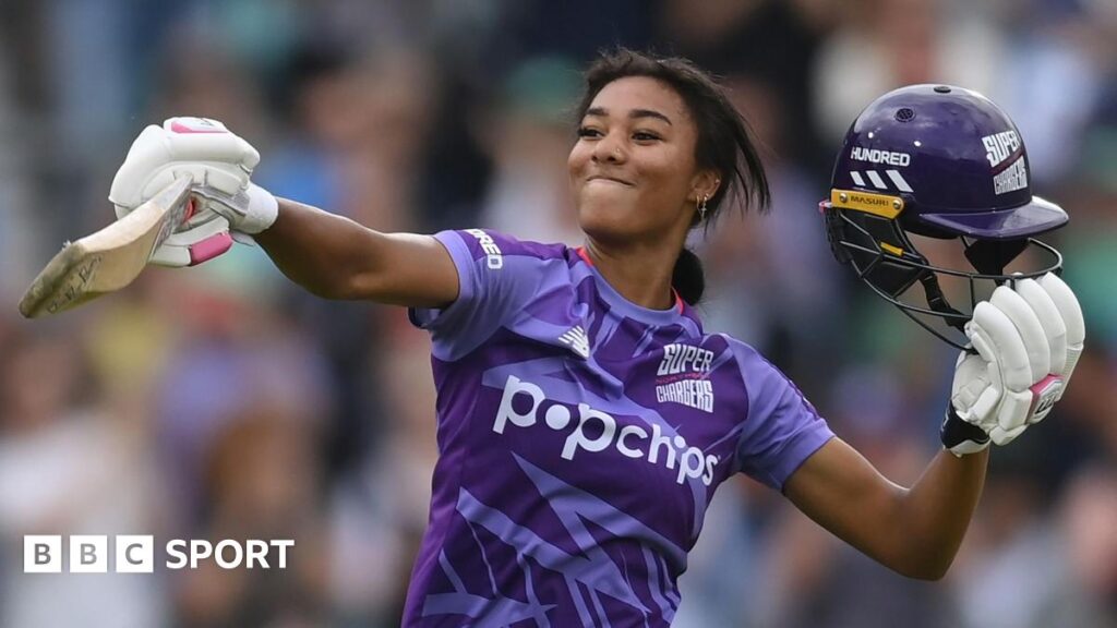 Northern Superchargers' Davina Perrin celebrates reaching her century in The Hundred Eliminator against London Spirit