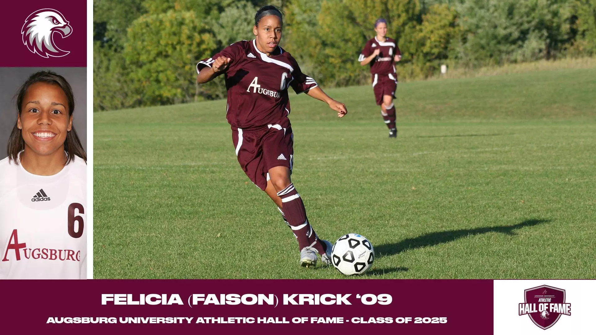 Action photo and mugshot photo of Felicia (Faison) Krick. Superimposed on the photo are the Augsburg Athletic Hall of Fame and Augsburg eagle logos, and the text
