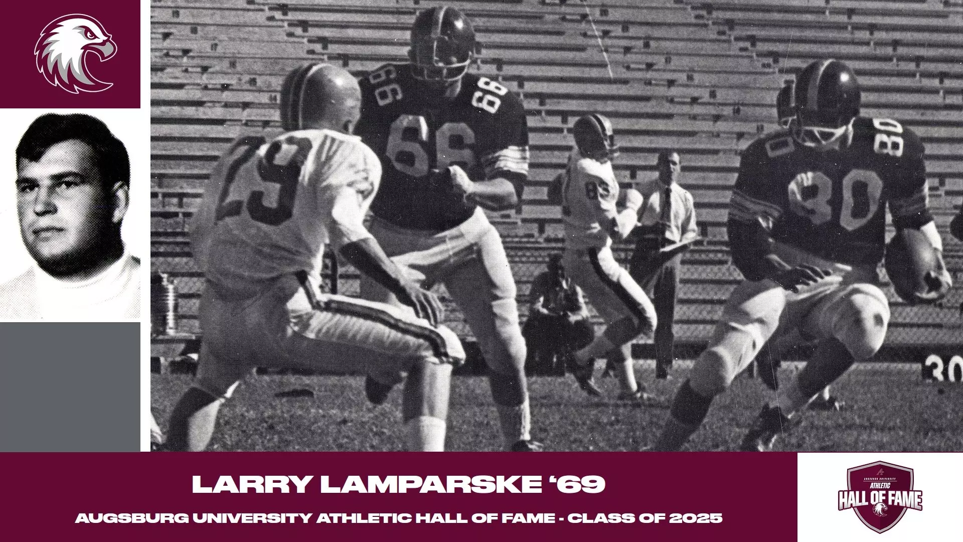 Action photo and mugshot photo of Larry Lamparske. Superimposed on the photo are the Augsburg Athletic Hall of Fame and Augsburg eagle logos, and the text