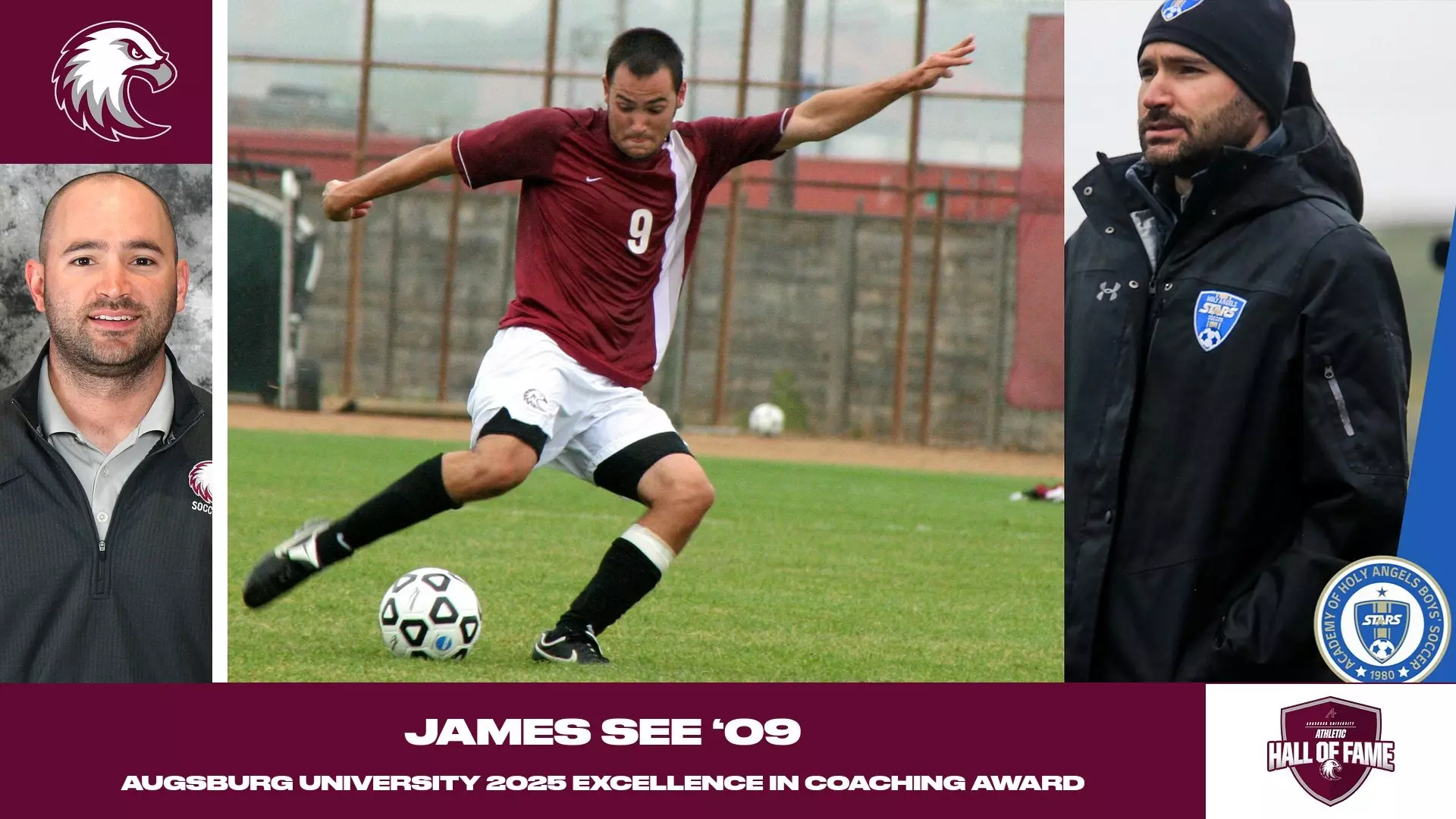 Action photo and mugshot photo of James See. Superimposed on the photo are the Augsburg Athletic Hall of Fame and Augsburg eagle logos, and the text