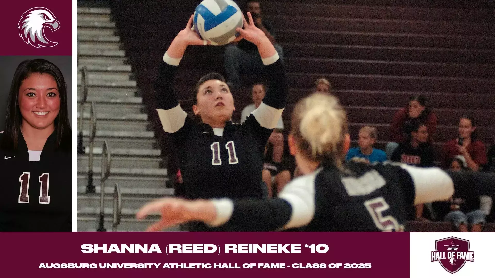 Action photo and mugshot photo of Shanna (Reed) Reineke. Superimposed on the photo are the Augsburg Athletic Hall of Fame and Augsburg eagle logos, and the text
