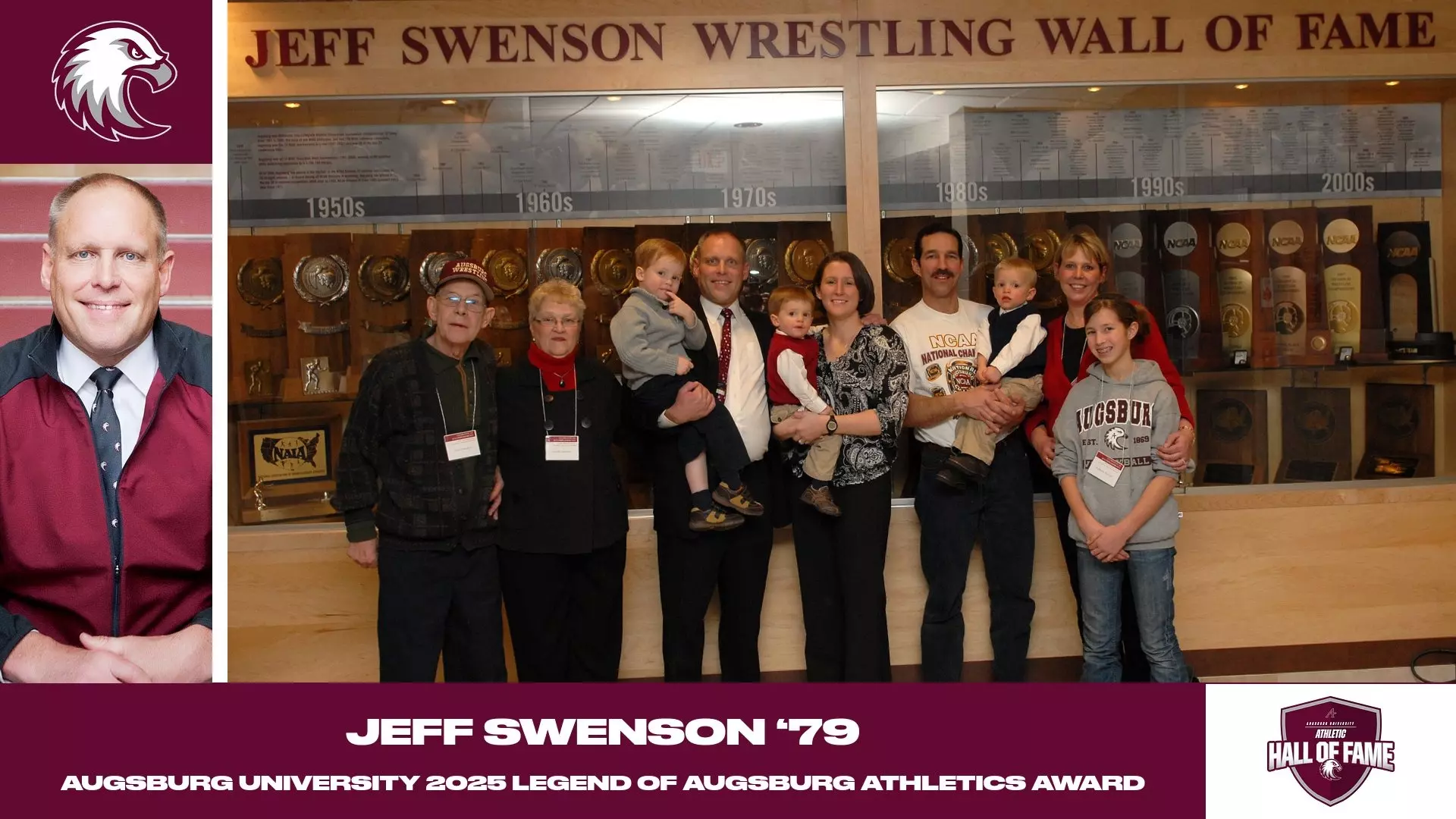 Action photo and mugshot photo of Jeff Swenson. Superimposed on the photo are the Augsburg Athletic Hall of Fame and Augsburg eagle logos, and the text