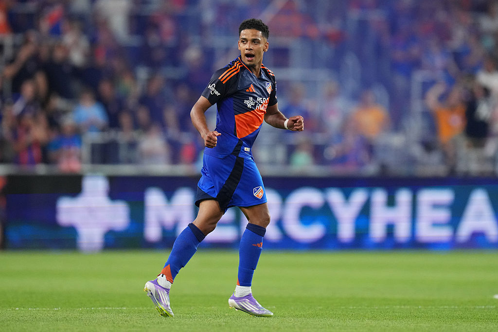 Brenner #8 of FC Cincinnati reacts after scoring during the second half of an MLS soccer match against Nashville SC at TQL Stadium on September 13, 2025 in Cincinnati, Ohio.
