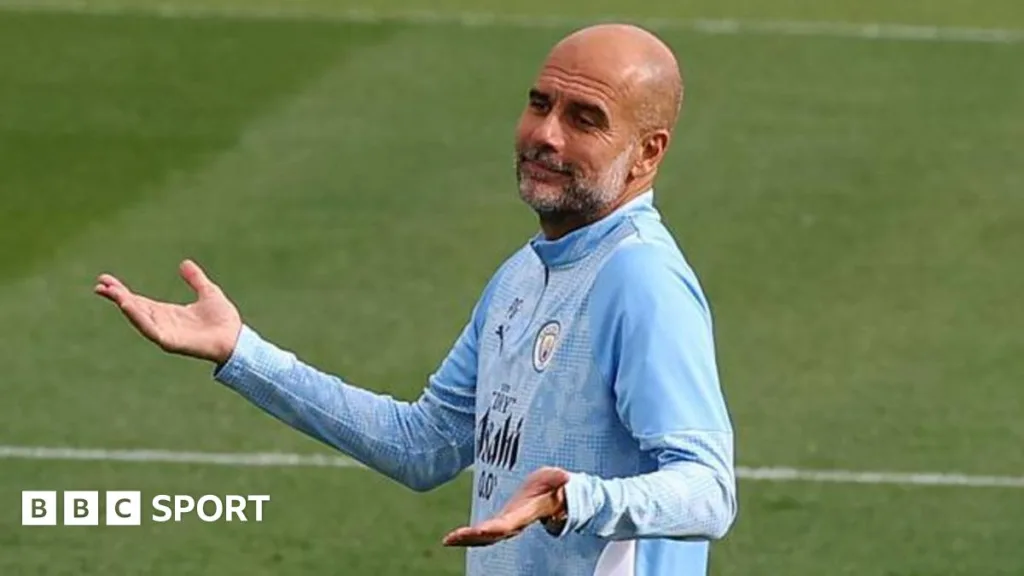 Pep Guardiola at Manchester City's training session before they played Napoli