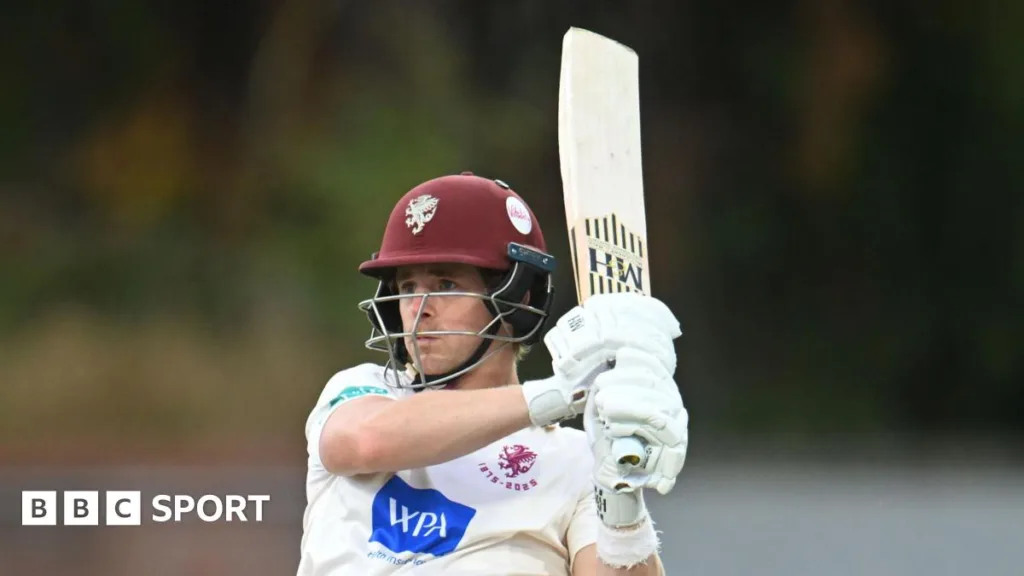 Tom Abell playing a pull shot for Somerset in a county match at Taunton