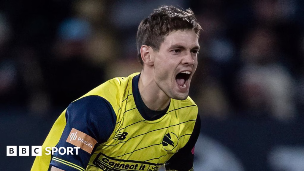 Hampshire bowler Scott Currie celebrates taking a wicket on T20 Finals Day