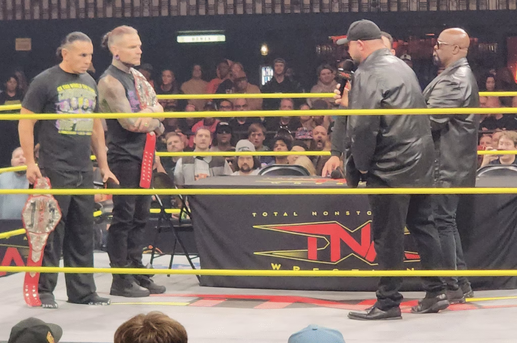 Matt & Jeff Hardy and Team 3D (Dudleys) stand together in the ring and set up special stips for a match billed as their final one ever at next month TNA Bound for Glory PPV