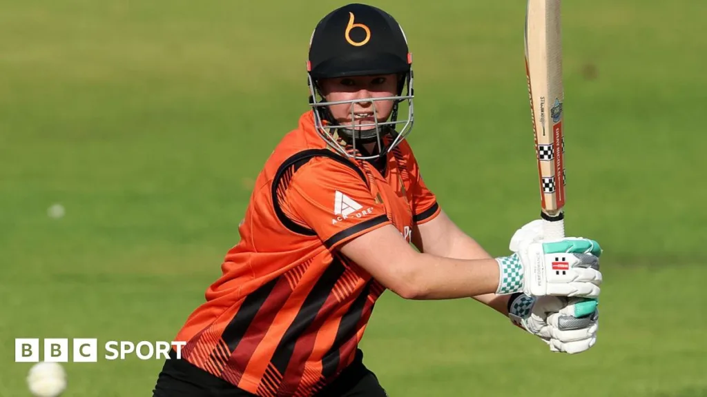 Kathryn Bryce batting for The Blaze against Lancashire as she steers a shot into the offside