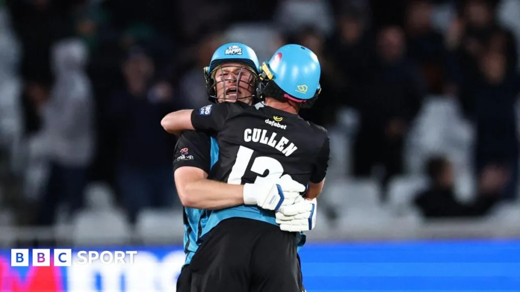 Worcestershire batters Matthew Waite and Henry Cullen hug each other after winning the One-Day Cup