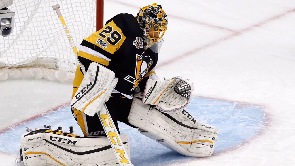 Pittsburgh Penguins goalie Marc-Andre Fleury makes a save during the Stanley Cup playoffs. (Gene J. Puskar/AP)
