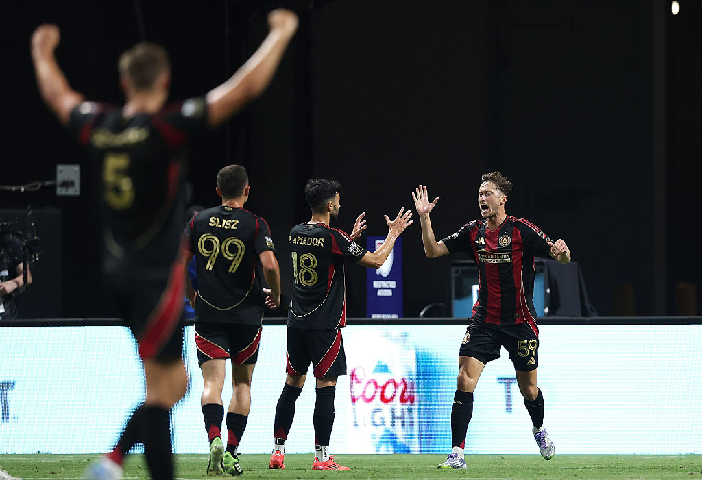 Alexey Miranchuk #59 of Atlanta United reacts after scoring the team's first goal against Necaxa during the first half of the Leagues Cup Phase One match between Club Necaxa and Atlanta United FC at Mercedes-Benz Stadium on July 30, 2025 in Atlanta, Georgia.