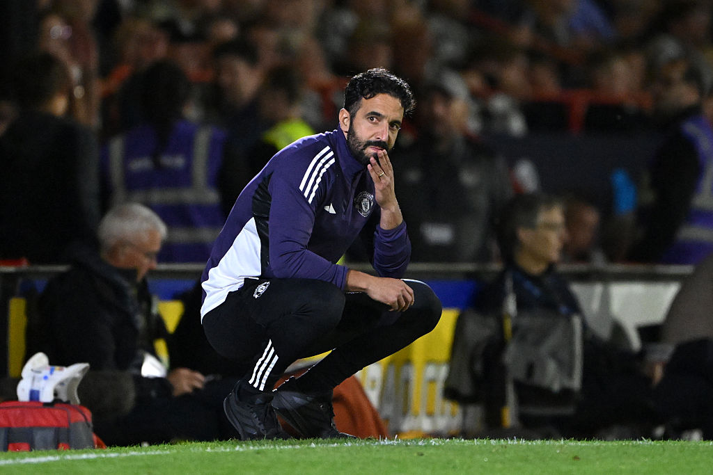 Ruben Amorim, Manager of Manchester United, looks dejected after his team concede during the Carabao Cup Second Round match between Grimsby Town and Manchester United at Blundell Park on August 27, 2025 in Grimsby, England.