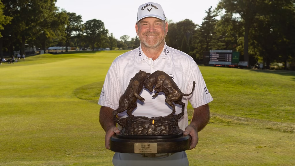 Thomas Bjorn wins first individual PGA Tour Champions title with 35-foot playoff putt
