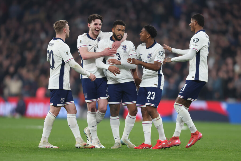 England celebrate Reece James' goal against Latvia