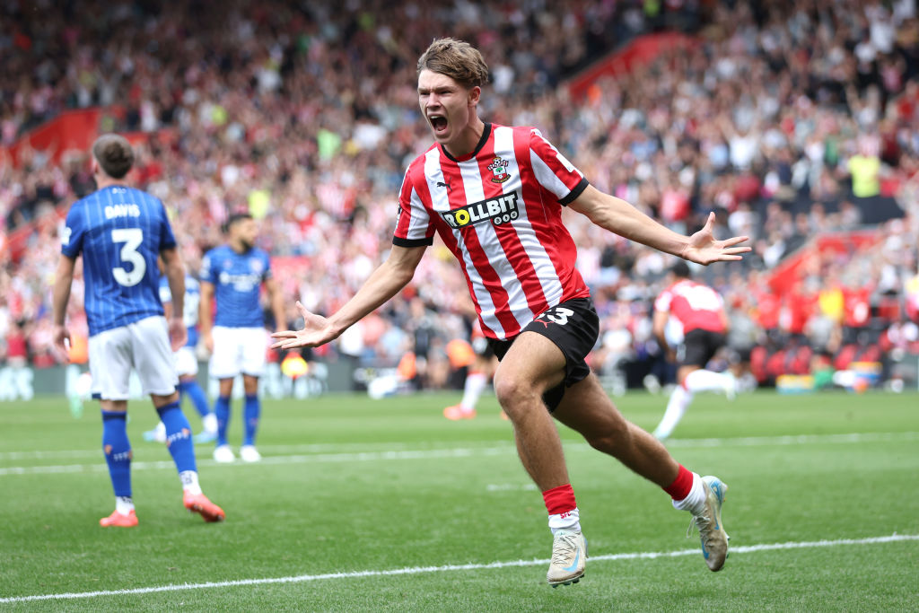 Tottenham target Tyler Dibling of Southampton celebrates scoring his team's first goal during the Premier League match between Southampton FC and Ipswich Town FC at St Mary's Stadium on September 21, 2024 in Southampton, England. (Photo by Dan Istitene/Getty Images) Chelsea