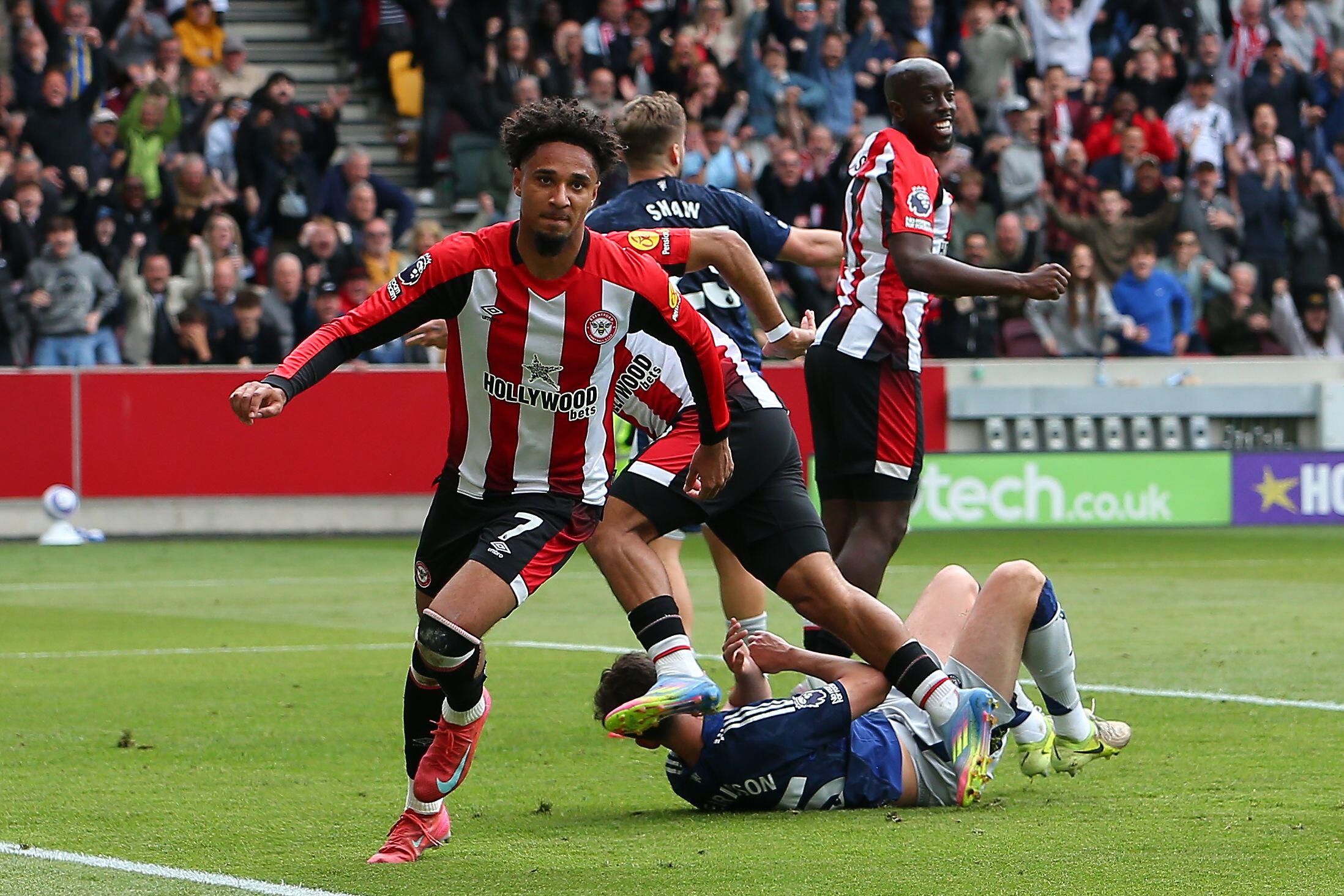 Kevin Schade celebrates after scoring for Brentford against Manchester United, May 2025